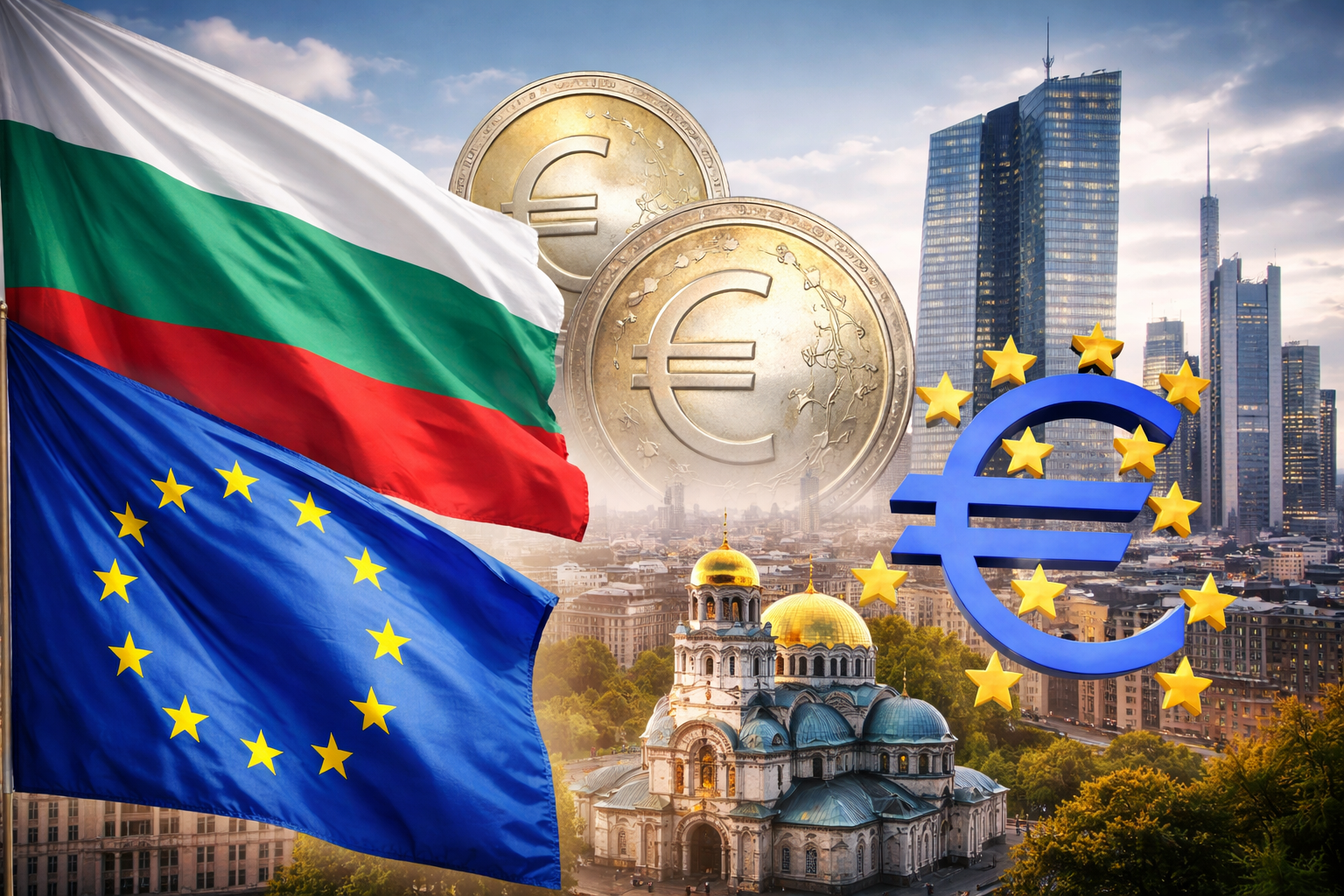 Българското и европейското знаме пред символа на еврото и икономическата интеграция на България в еврозоната