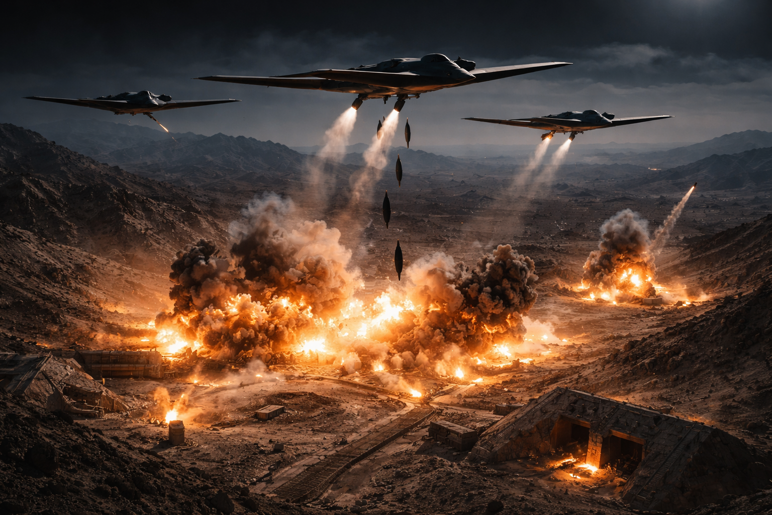 Стелт бомбардировачи B-2 Spirit извършват нощна операция срещу укрепени ракетни позиции в пустинен район по време на мащабна военна кампания