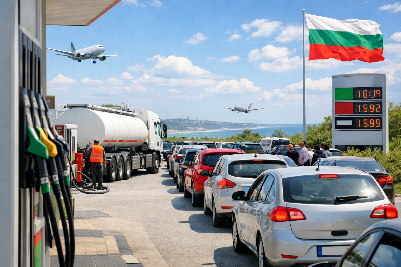 Бензиностанция в България с автомобили на опашка за зареждане и цистерна с гориво при стабилен пазар на горива