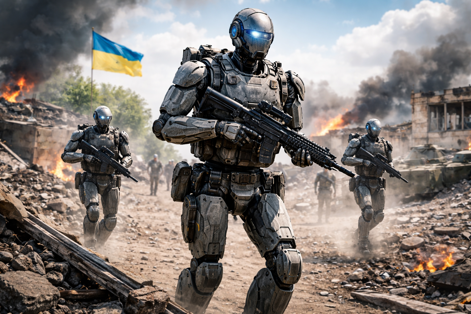 Humanoidni voenni roboti Phantom MK-1 na frontovata liniya v Ukraina sred razrushena gradska sreda