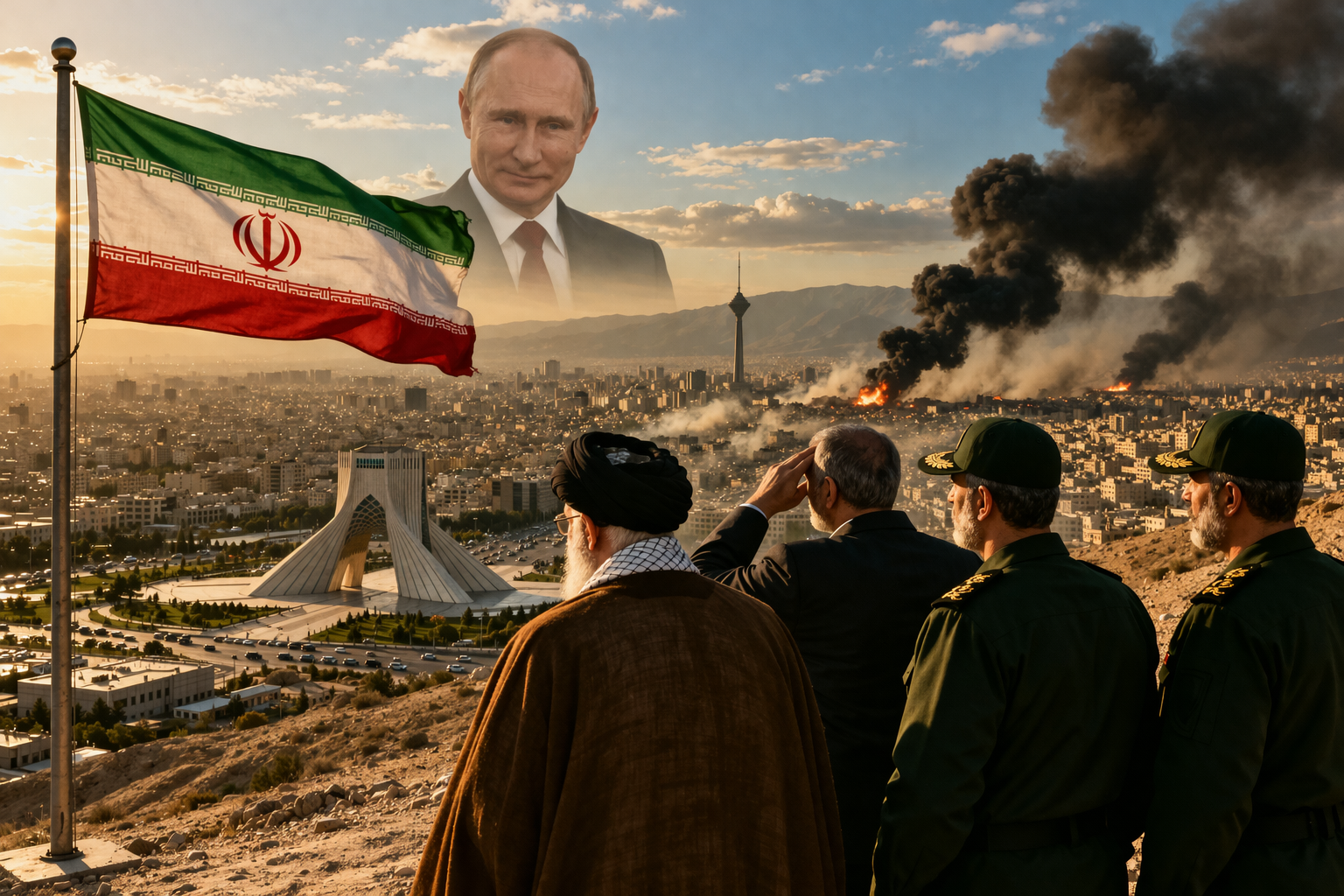 Иранска столица с дим и разрушения флаг на Иран и символично присъствие на Путин