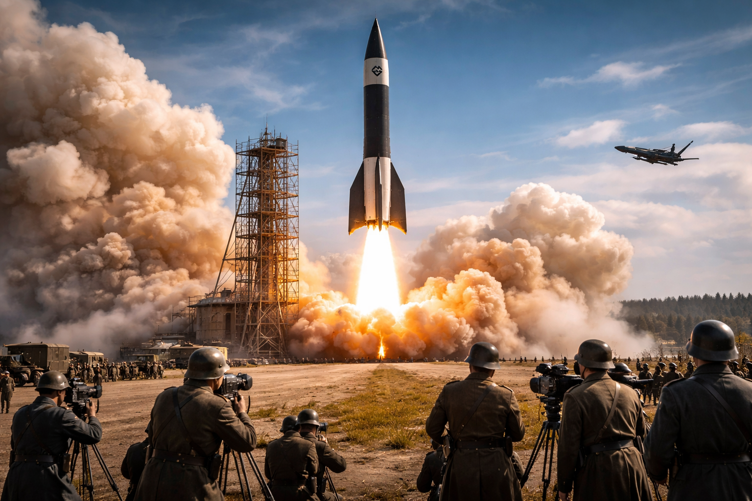 Ракета Фау-2 излита при тест в Пенемюнде с огън и дим по време на Втората световна война