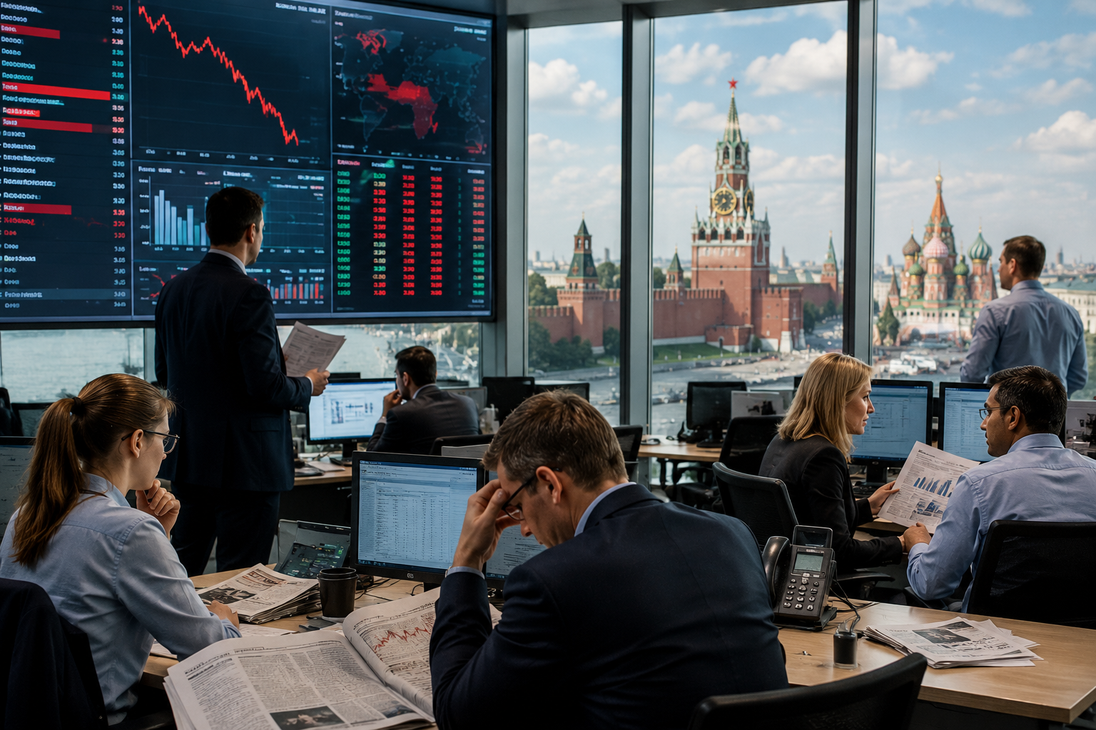 Финансови анализатори следят спадащи икономически показатели на големи екрани, докато на заден план се вижда силуетът на Кремъл в Москва.